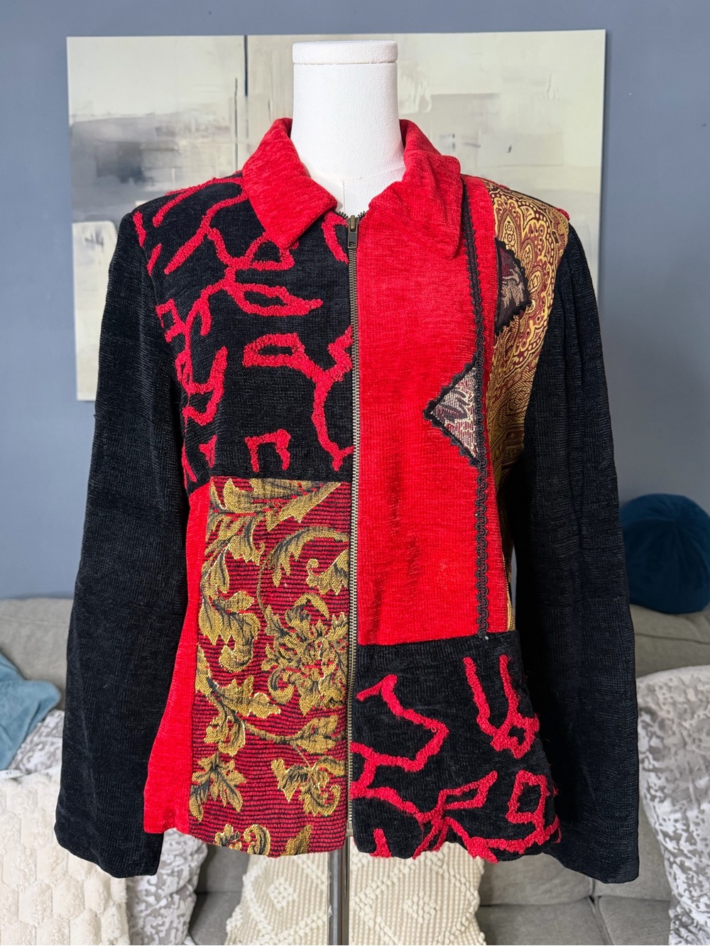 Alex Kim Art to Wear Patchwork Zip Jacket Red Black Gold Petite Small PS
